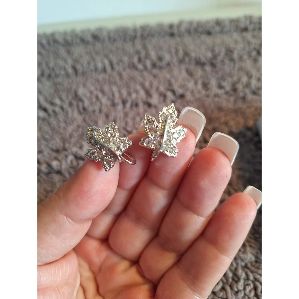 Vintage Keyes Rhinestone Brooch And Earrings Leaf Shape Silver Tone Srew Back...